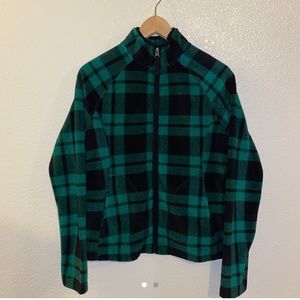 Dark green and black plaid fleece zip up